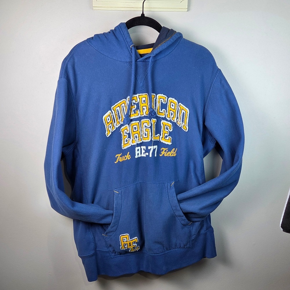 American Eagle Hoodie Mens L Blue Good AE-77 Track Field Collegiate Distressed